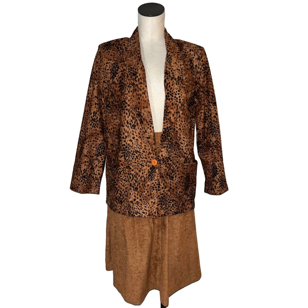 Joanna Womenβs Vintage 1980s 2Pc Faux Suede Blazer+Midi Skirt Suit Size S Animal